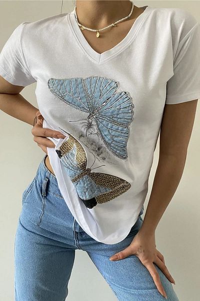 Esra Butik Hane Tricou alb pentru femei cu decolteu în V, brodat cu paiete fluture - 100% bumbac