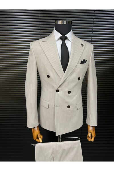 Terziayhan bej slim fit çizgili kemik düğme kruvaze
