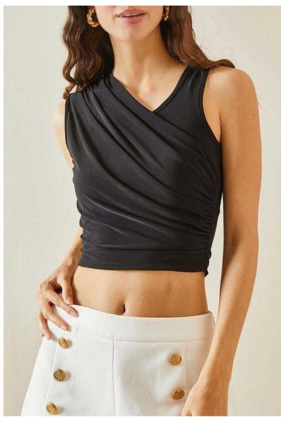 MetuCA Women's Black Drape Collar Crop Blouse