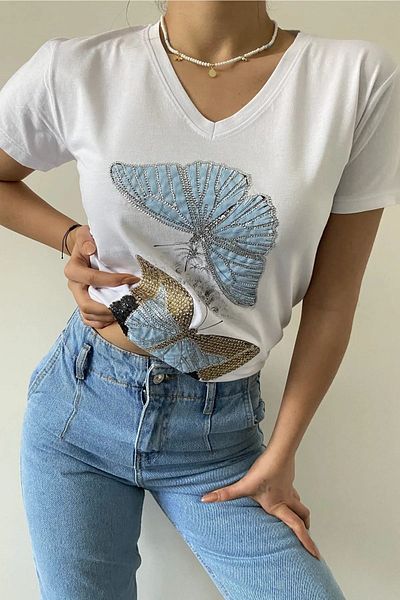 Esra Butik Hane Tricou alb pentru femei cu decolteu în V, brodat cu paiete fluture - 100% bumbac