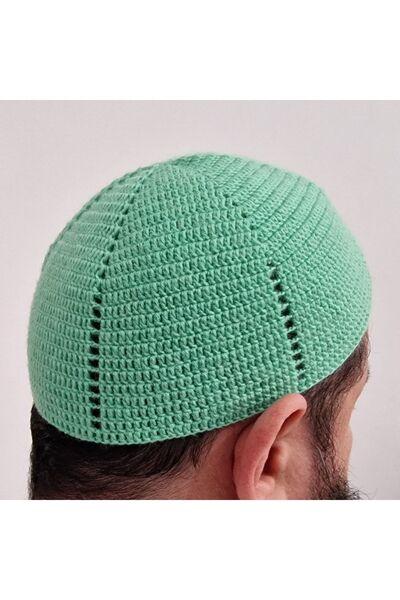 morlalem m Skullcap من الصوف باللون الأخضر المائي، محبوك يدويًا يدويًا، صوف الأغنام بنسبة مائة بالمائة، مقاس الصلاة 03yunsuGreen