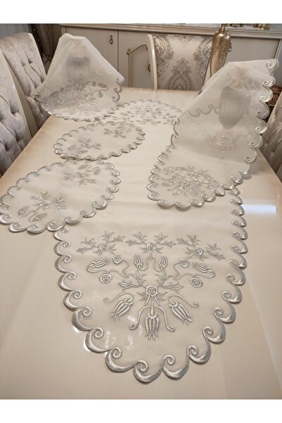 incisecrethome Salon Takımı Gümüş Sim Işlemeli Ipek, 5 Parçadan Oluşmaktadır...