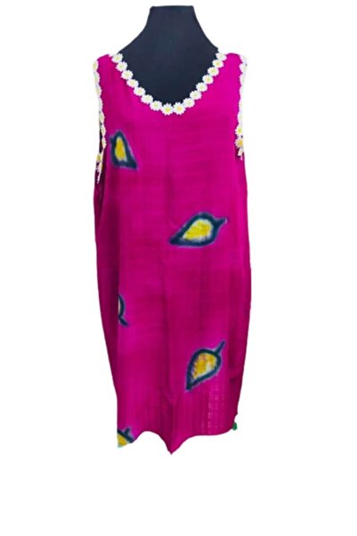 eLm Fuşya Otantik Etnik Pamuklu Yakası İşlemeli Elbise