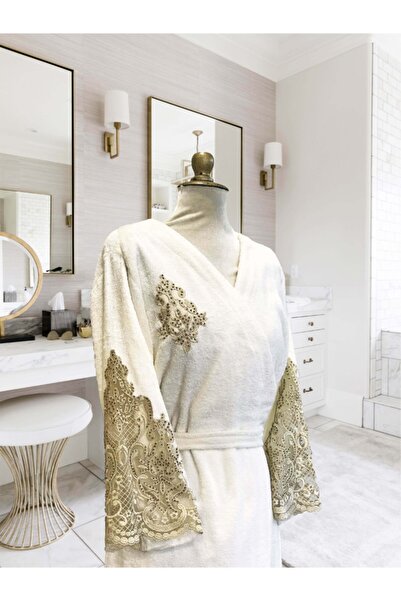 Creativehome Ece Nakışlı Dantelli Ekru Bornoz Takimi, Organik Bambu Ve Pamuk,...
