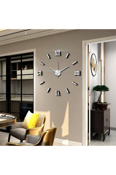 Genel Markalar (KULLANILMIYOR) 3d Duvar Saati Pleksi Gümüş Ayna Roma Rakamlı 008