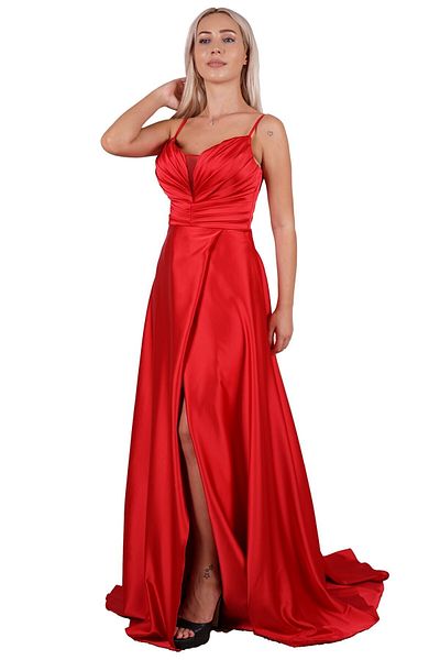 SpringStore Rochie de seara din satin cu fanta rosie