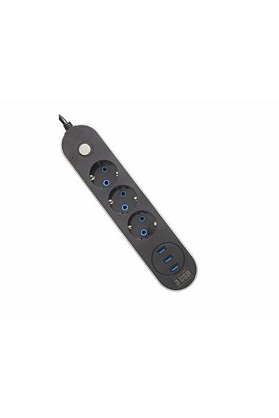 QUAT كابل 2 متر محمي من زيادة التيار، 3 منافذ USB، 3 مقابس تبديل