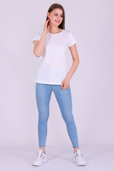 Tshirthane Λευκό Χρώμα Basic Γυναικείο πλεκτό κοντομάνικο μπλουζάκι