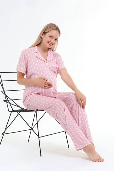 LİKAPA Combed Cotton Front Buttoned Maternity Maternity Short Sleeve Pajama Set
