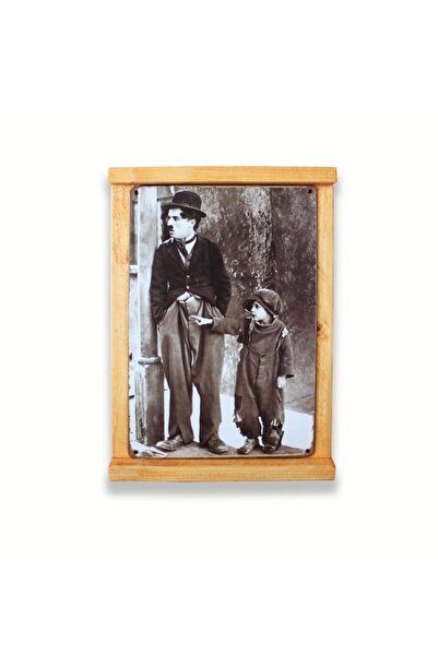 tbek Placă metalică vintage cu rama din lemn rustic Charlie Chaplin 20x30