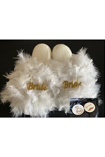 lilyum butik Bride Terlik ve 2 Li Bride Groom Bardak Altlığı