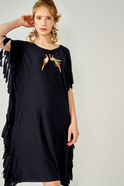 AQE FASHION Γυναικείο μαύρο τουνίκ με φούντες στο πλάι και στα μανίκια