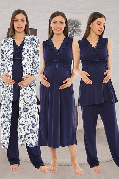 lohusahamile Navy Blue Pattern Maternity Maternity Set of 4 with Dressing Gowns