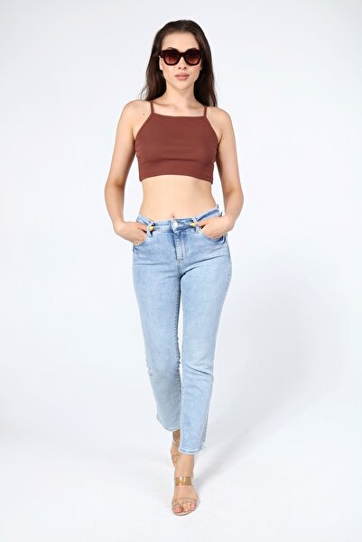 AFŞAR MODA Women's Brown Basic Rope Strap Crop Top