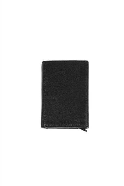 LABALABA Unisex Genuine Leather Black Wallet Card Holder with Black Mechanism