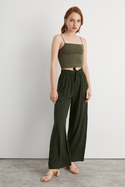 Bukamiss Kadın Haki Viskon Dokuma Pantolon
