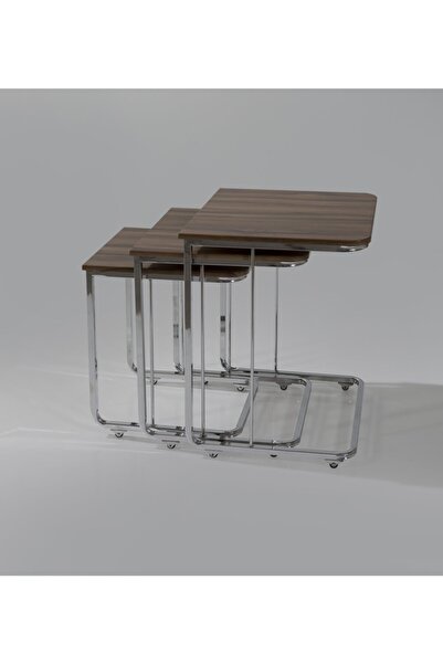 Veys Sehpa 3 Lü Vegas Zigon Sehpa Ceviz - Nikel Ayak - Tekerlekli