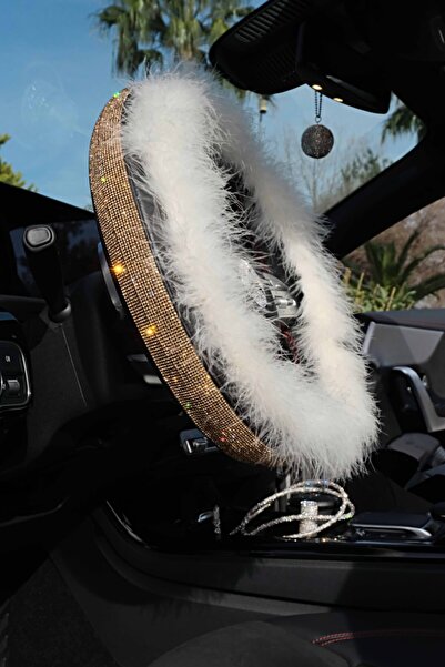 TASARIM ARABAM ATİKE ELİF AKIN Gold Taşlı Krem Tüylü Araba Direksiyon Kılıfı-...