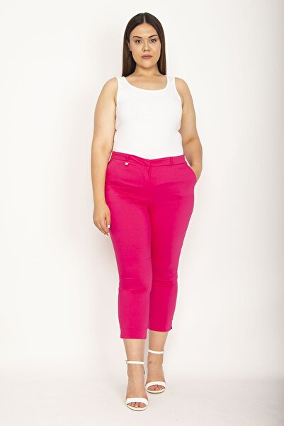 Şans Women's Large Size Fuchsia Classic Fabric Trousers with Side Pockets and Leg Slits 65n27003