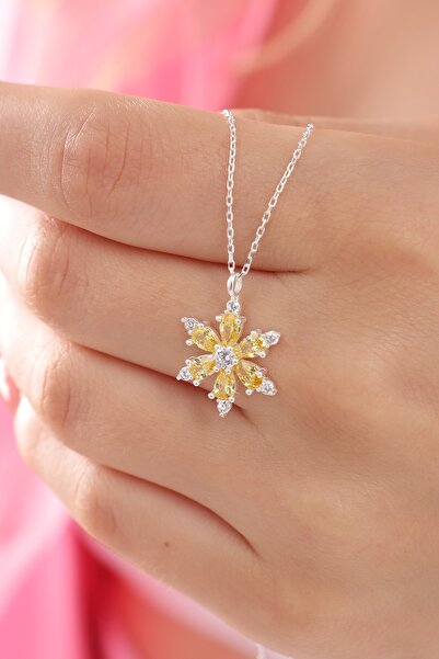 Bilsen Store 925 Ayar Gümüş Zincirli Sarı Taşlı Lotus Kamelya Çiçeği Kolye