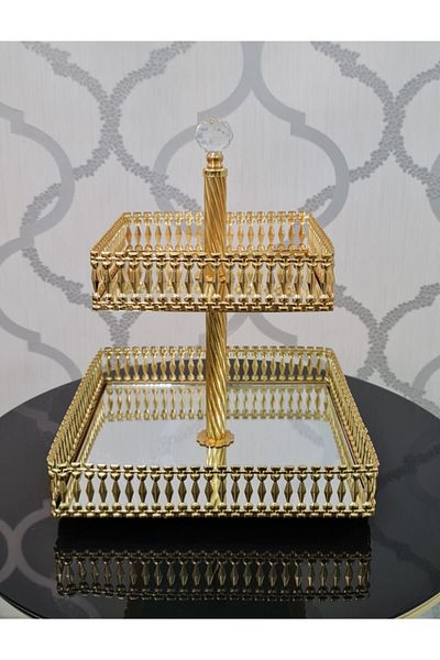 AKMETAL Hürrem Mirrored Gold Color Two-Layer Square Holiday Candy Bowl Chocolate Bowl