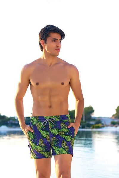 Deafox Marineblaue Seeshorts für Herren mit Blattmuster