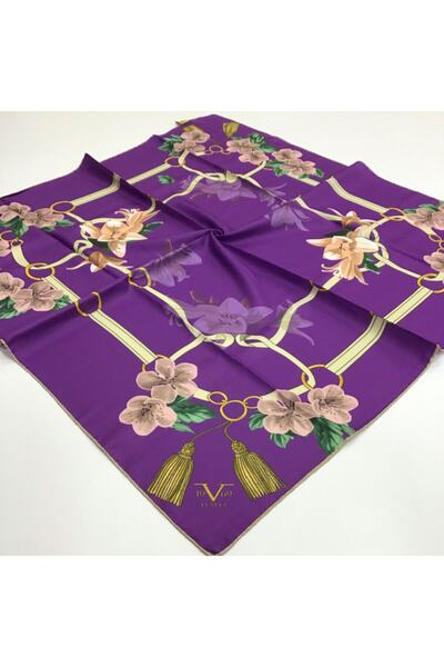 19V69 ITALIA Mor Krem Twill Eşarp Gold Seri 90x90 cm Eşarp Askısı İle Birlikt...