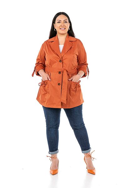 DISENTIS MODEST Brick Color Trench Coat with Mono Collar, Folded Sleeves and Drawstring Detail