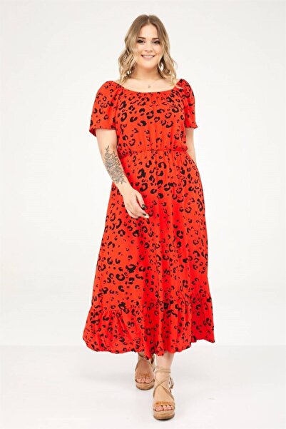 Seamoda Long Dress with Elastic Collar and Frilly Hem-red