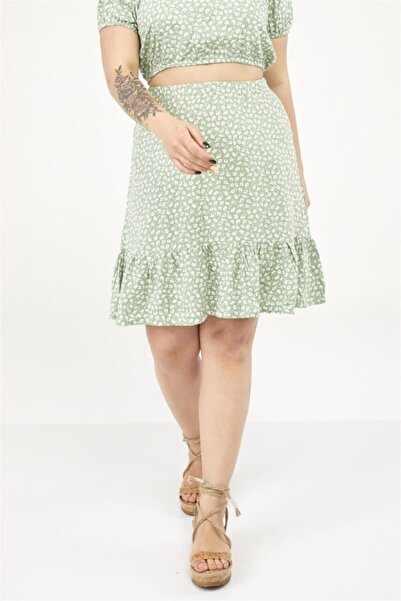 Seamoda Etek Ucu Fırfırlı Çiçek Desenli Etek-Yeşil
