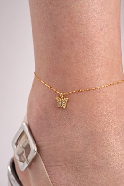 Bilsen Store Kadın 925 Ayar Gümüş Zincirli Altın Kaplamalı Kelebek Halhal