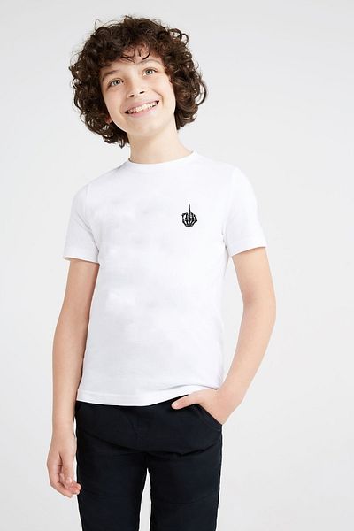 QIVI Tricou alb pentru copii, unisex, imprimat cu un schelet
