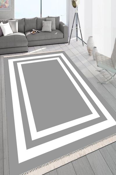Modern home Modern Çerçeve Detaylı Püsküllü Dijital Baskı Kaymaz Taban Antiba...