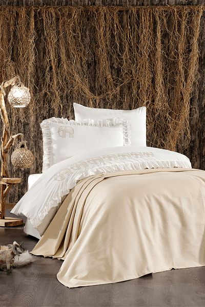 Minelya Home Collection Σετ μονό μπεζ παπλωματοθήκη Amazon με 5 τεμάχια βαμβακερά, κάλυμμα κρεβατιού με πικέ, σχέδιο ελέφαντα και βολάν