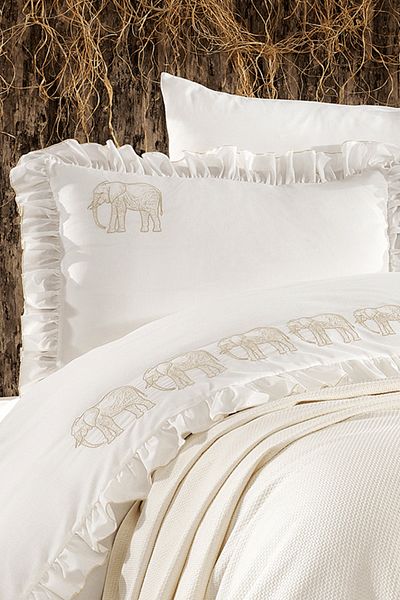 Minelya Home Collection Σετ κρεβατοκάμαρας Amazon Single Cream με 5 τεμάχια βαμβακερά, κάλυμμα κρεβατιού με πικέ, σχέδιο ελέφαντα και βολάν
