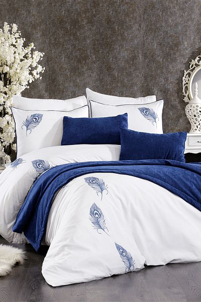 Minelya Home Collection Комплект от 3 кадифени пътеки за легло и калъфка за възглавница с диаманти, тъмносин