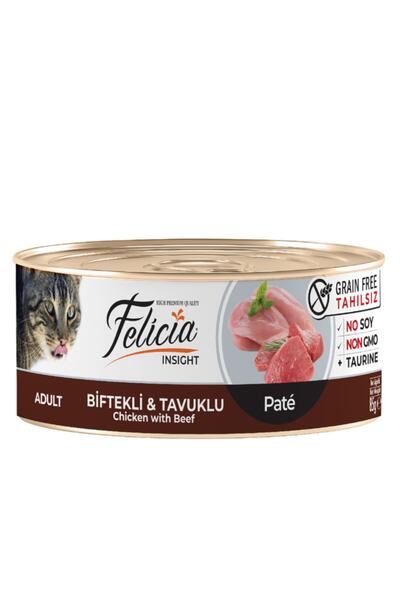 Felicia Tahılsız 85 gr Biftekli Tavuklu Kıyılmış Yaş Kedi Maması 12 Adet