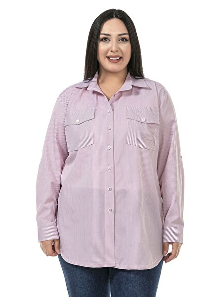DISENTIS MODEST Cămașă cu dungi roz cu buzunare pe piept și mâneci pliate