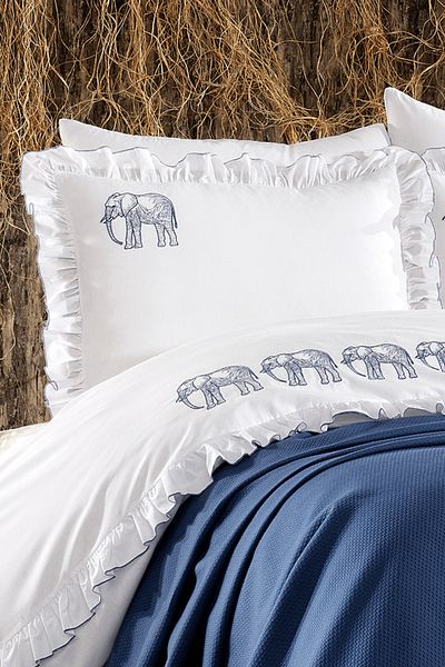 Minelya Home Collection Set de lenjerie de pat dublu din bumbac, albastru, 7 piese, cu model elefant, volane și cuverturi de pat piqué