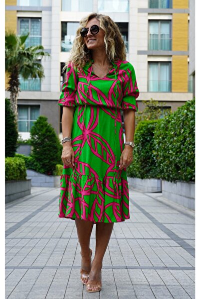 Lady Didi Fashion Kadın Neon Pembe Dekorlu Yeşil Elbise