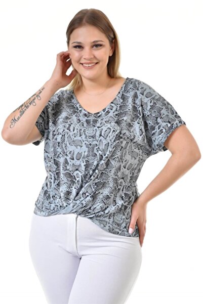 Seamoda Tricou cu decolteu în V, cu model Python, cu noduri în față, albastru