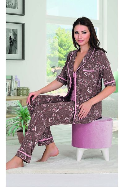 Lady Lingerie Комплект пижама от 3 части с флорални мотиви и тиранти в цвят кафе