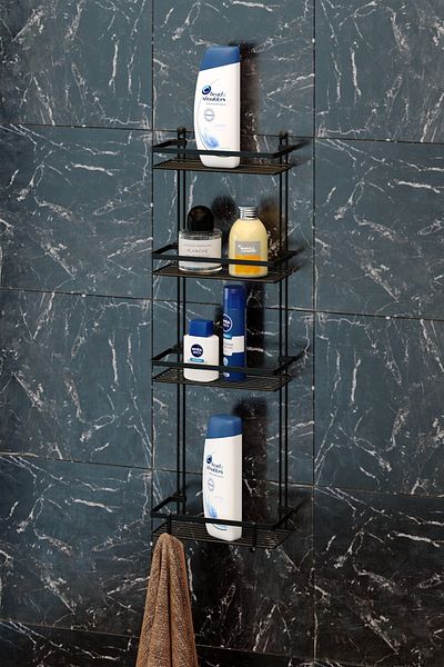 Teknotel Model Es060h - Raft de baie negru cu patru niveluri cu cârlig