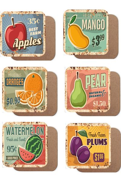 Hayat Poster Retro Fruits Set of 6 Wooden Coasters