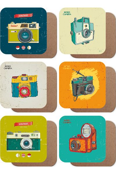 Hayat Poster Retro Cameras Set of 6 Wooden Coasters
