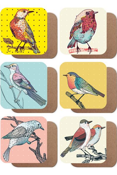 Hayat Poster Birds Set of 6 Wooden Coasters
