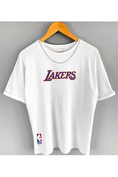 blackjack giyim Blackjackgiyim Erkek Beyaz Lakers Baskı Oversize Tshirt