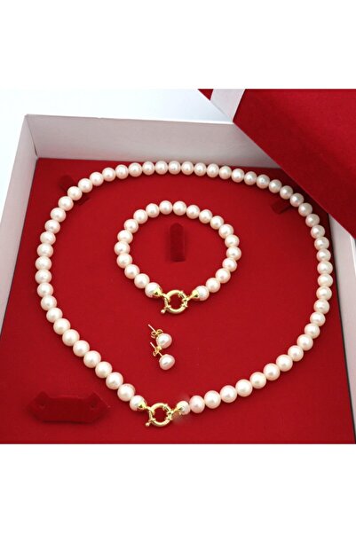 PİGADO 925 Ayar Gümüş Kapamalı Kolye Bileklik Küpe Gerçek Inci Seti