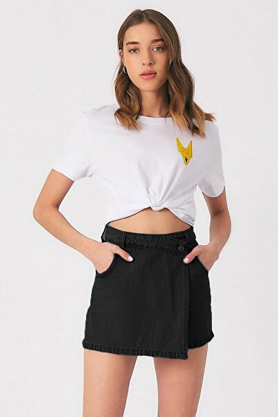 fehika Kadın Siyah Denim Kot Şort Asimetrik Kapamalı Fermuarlı Jeans Şort Etek