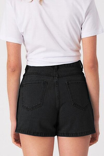 fehika Kadın Siyah Denim Kot Şort Asimetrik Kapamalı Fermuarlı Jeans Şort Etek